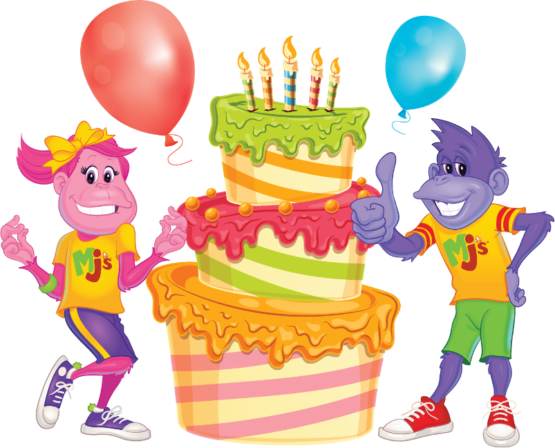 Monkey Joe and Monkey Jane with a birthday cake and balloons