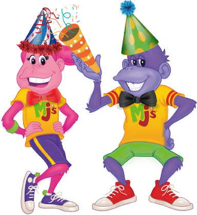 Monkey Joe and Monkey Jane wearing party hats